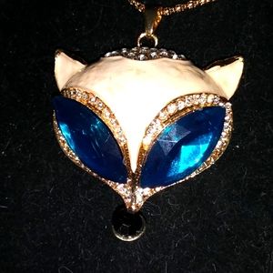 Blue and White Crystal Fox Head Pendant Necklace